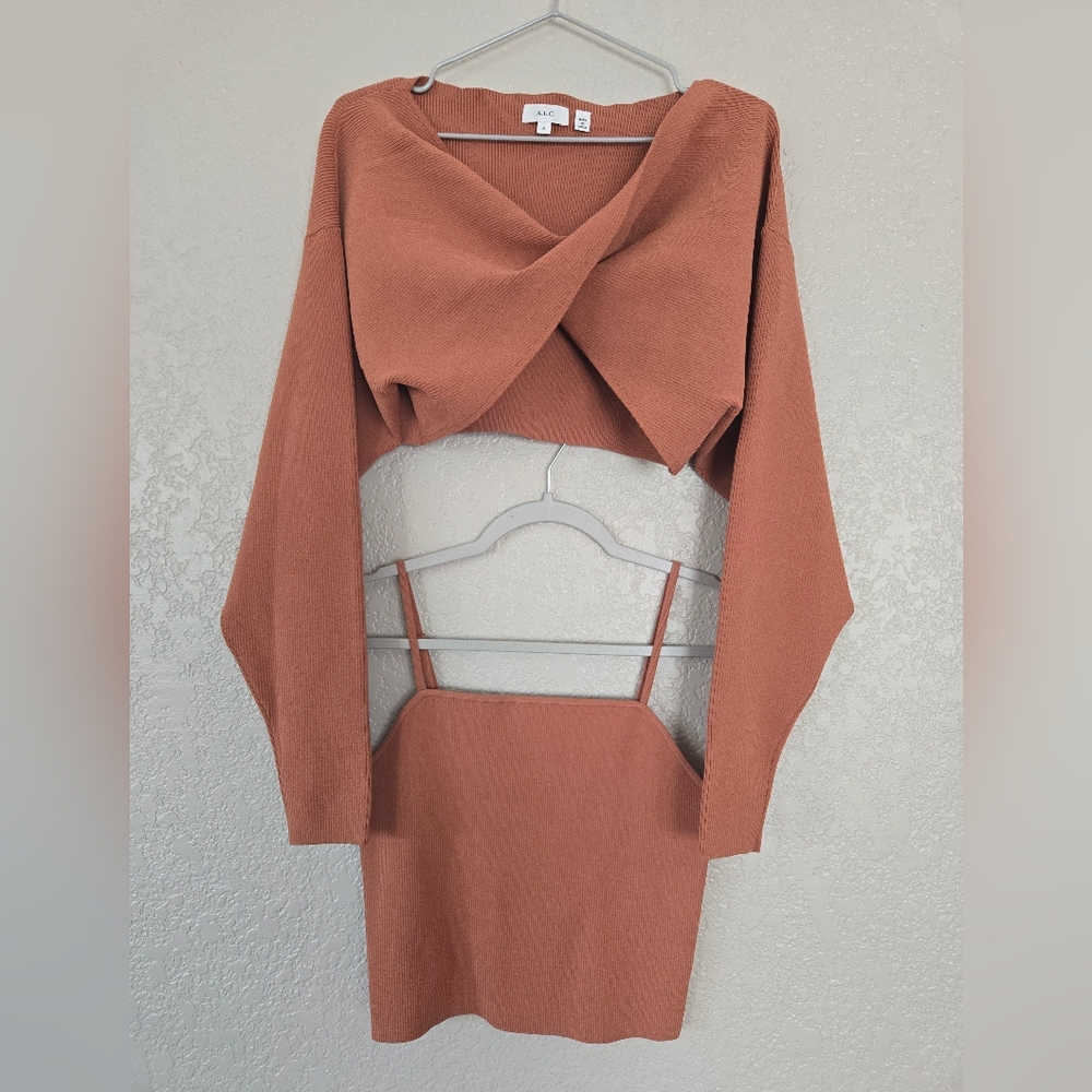 A.L.C. Greer twist-front ribbed-knit top with tank bolero brown M